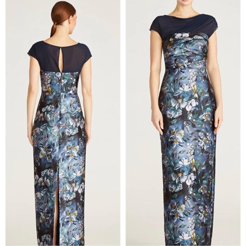 Theia Navy Evening Gown with Subtle Gold Logo Accent